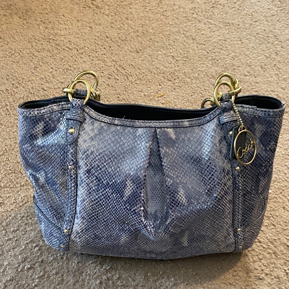 Coach Alexandra Python-Embossed Blue/Gray Shoulder Bag with Gold Hardware. EUC.